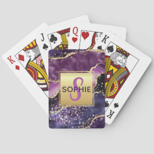 Paars & Roze & Nep Gouden Glitter Agaten Monogram Pokerkaarten
