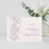 Paars & roze vogels openen kooi bruiloft RSVP (Staand voorkant)