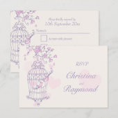 Paars & roze vogels openen kooi bruiloft RSVP (Voorkant / Achterkant)