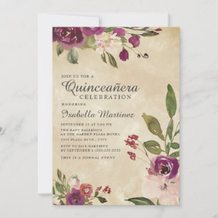 Paars Rustic Pink Floral Quinceañera Kaart
