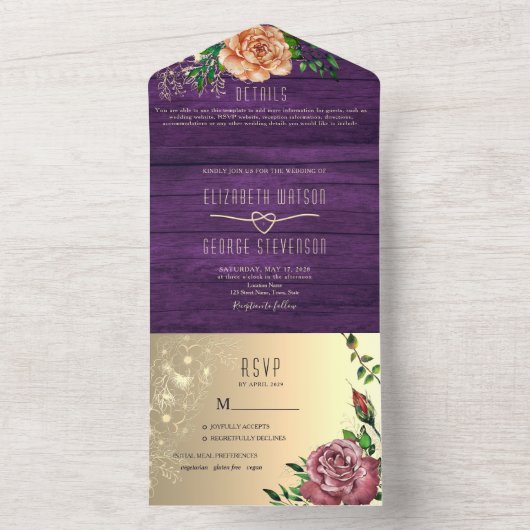 Paars Rustige Waterverf Floral Wedding All In One Uitnodiging (Binnen)