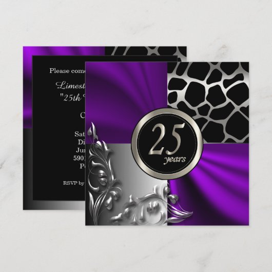 Paars Satijn & Zilver 25 Jaar Feestje Kaart (Voorkant / Achterkant)