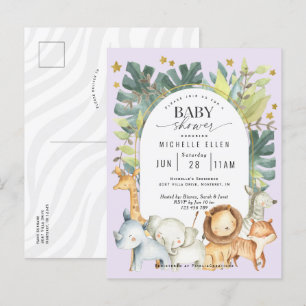 Paars schattig oerwoud safari baby douche uitnodiging briefkaart
