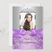 Paars Silver Bow en Tiara Quinceanera Kaart (Voorkant)