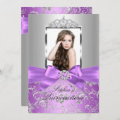  Paars Silver Bow en Tiara Quinceanera Kaart (Voorkant / Achterkant)