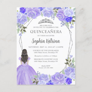 Paars Silver Floral Princess Tiara Quinceañera Briefkaart