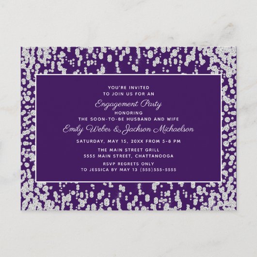 Paars Silver Glam Confetti Verloving Briefkaart (Voorkant)