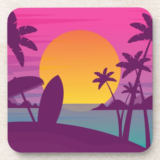 Paars strand met zonsonderend surf bier onderzetter (Voorkant)