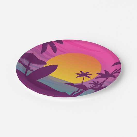 Paars strand met zonsonderend surf papieren bordje (Gekanteld)