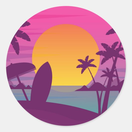 Paars strand met zonsonderend surf ronde sticker (Voorkant)