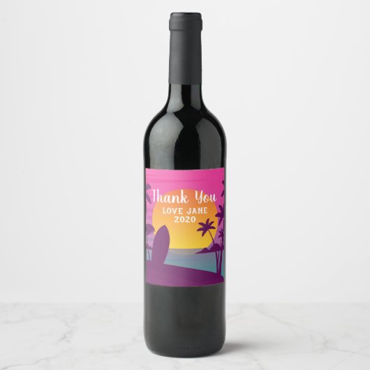 Paars strand met zonsonderend surf wijn etiket (Voorkant)