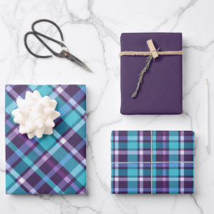 Paars, Teal, Blauw & Wit Geruit Inpakpapier Vel