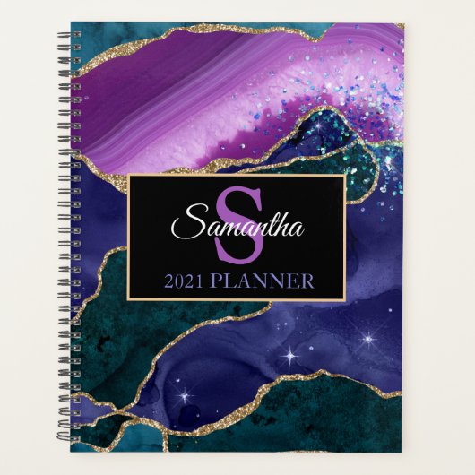 Paars Teal Goud Agate Monogram Moderne Luxe Planner (Voorkant)