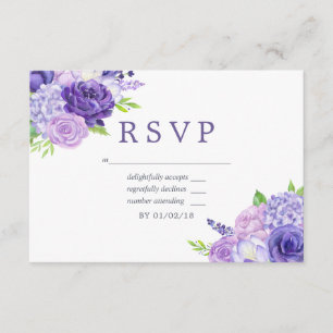 Paars thema bloemen bruiloft RSVP Kaartje