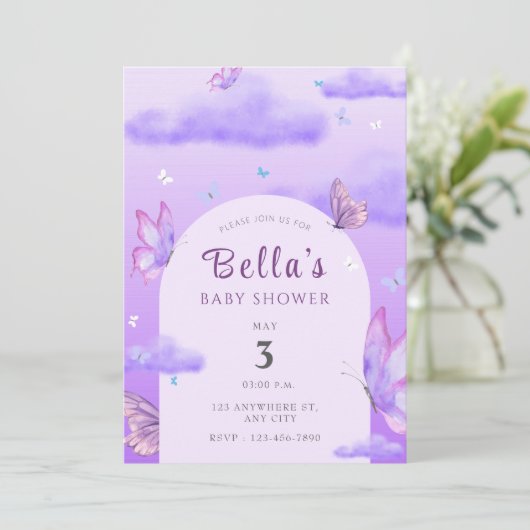 Paars thema Butterfly Baby shower Kaart (Staand voorkant)