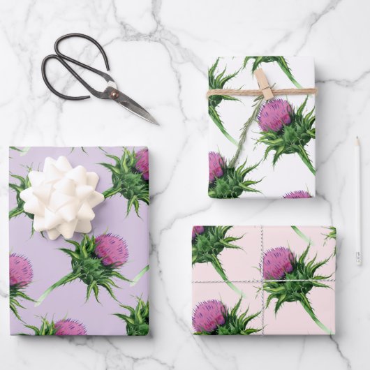 Paars Thistle Floral Pattern Inpakpapier Vel (Voorkant)