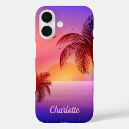 Paars tropisch strand op zonsondergang iPhone 16 hoesje