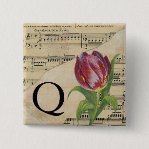 Paars Tulip blad Music Monogram Initiaal Q Vierkante Button 5,1 Cm