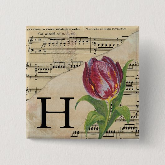 Paars Tulip Datablad Music Monogram Initiaal H Vierkante Button 5,1 Cm (Voorkant)