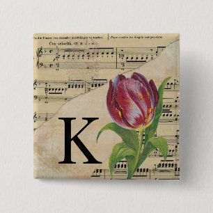 Paars Tulip Datablad Music Monogram Initiaal K Vierkante Button 5,1 Cm