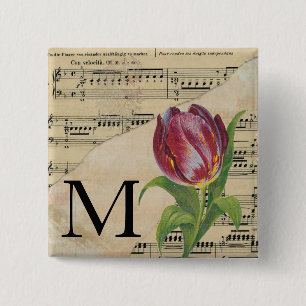 Paars Tulip Datablad Music Monogram Initiaal M Vierkante Button 5,1 Cm