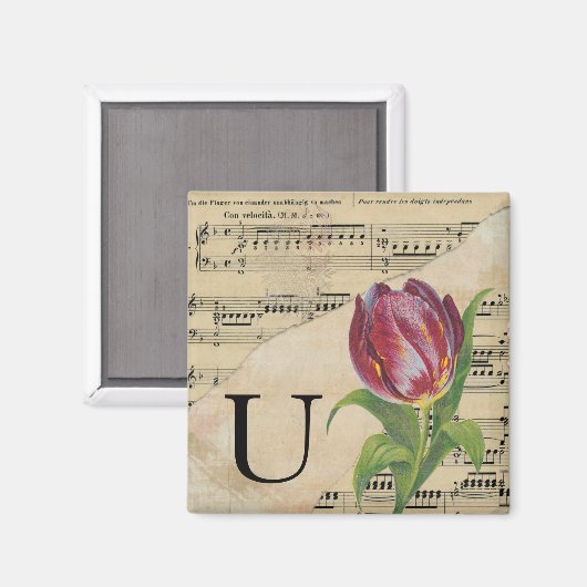 Paars Tulip vel Music Monogram Initiaal U Magneet (Voorkant / Achterkant)
