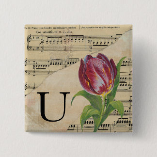 Paars Tulip vel Music Monogram Initiaal U Vierkante Button 5,1 Cm