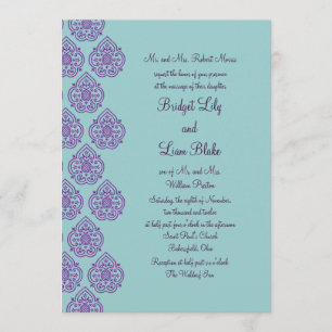 Paars/Turquoise Damask Wedding Invitation Kaart