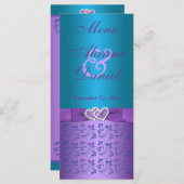Paars, Turquoise Floral Hearts Wedding Menu (Voorkant / Achterkant)