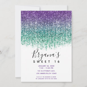 Paars Turquoise Glitterende Sweet 16 Verjaardag Kaart