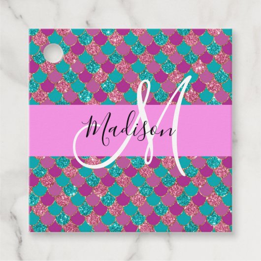 Paars Turquoise Mermaid Glitter Sparkles Monogram Bedankjes Labels (Voorkant)