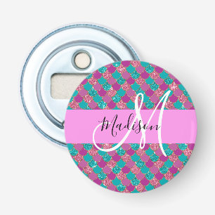 Paars Turquoise Mermaid Glitter Sparkles Monogram Button Flesopener