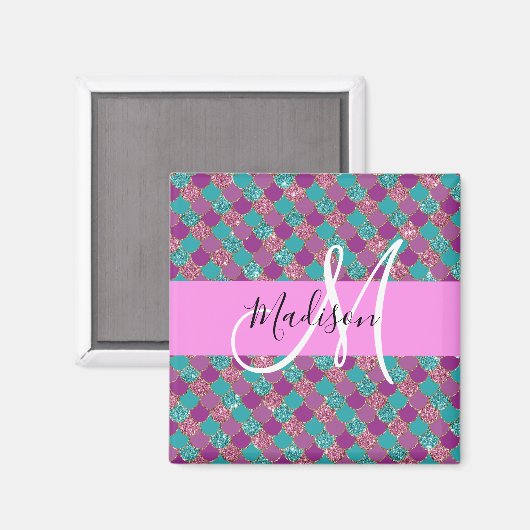 Paars Turquoise Mermaid Glitter Sparkles Monogram Magneet (Voorkant / Achterkant)