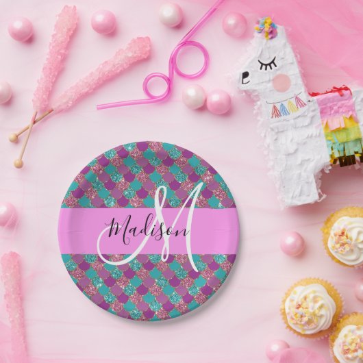 Paars Turquoise Mermaid Glitter Sparkles Monogram Papieren Bordje (Feest)