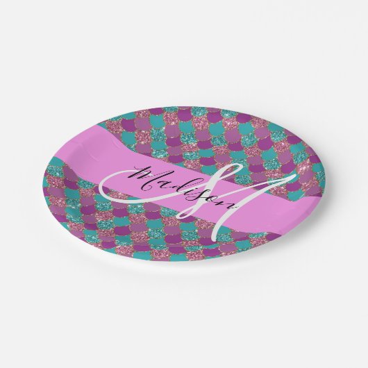 Paars Turquoise Mermaid Glitter Sparkles Monogram Papieren Bordje (Gekanteld)