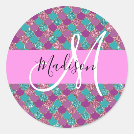 Paars Turquoise Mermaid Glitter Sparkles Monogram Ronde Sticker (Voorkant)