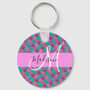 Paars Turquoise Mermaid Glitter Sparkles Monogram Sleutelhanger