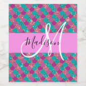Paars Turquoise Mermaid Glitter Sparkles Monogram Wijn Etiket (Enkel label)