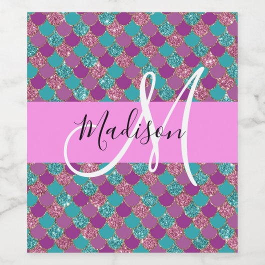 Paars Turquoise Mermaid Glitter Sparkles Monogram Wijn Etiket (Enkel label)