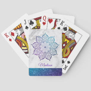 Paars & Turquoise Nep Glitter Mandala op Grijs Mar Pokerkaarten