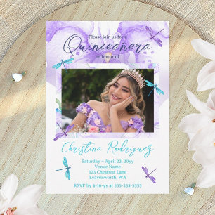 Paars, Turquoise Orchid, Dragonflies Quinceanera Kaart