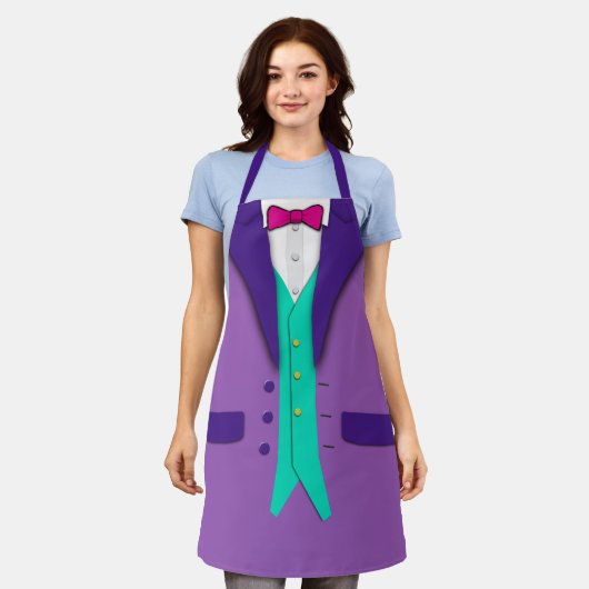 Paars Tuxedo Red Stropdas en Blauwgroen Vest Schort (Gedragen)