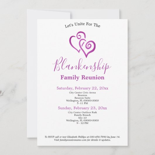 Paars verbonden harten Gezin Reunion Sjabloon Kaart (Voorkant)