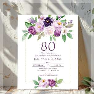 Paars Violet Floral 80ste verjaardag uitnodiging