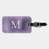 Paars Violet Glitter Brush Metal Monogram Script Bagagelabel (Voorkant horizontaal)