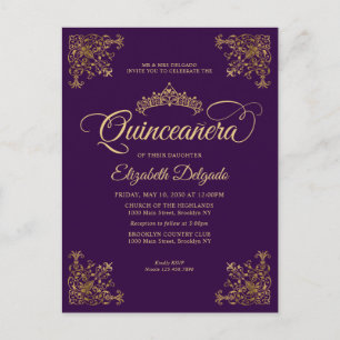Paars Violet Gold Lijst Tiara Quinceanera Briefkaart