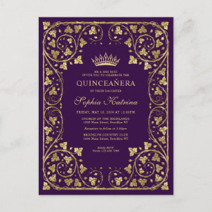 Paars Violet Gold Lijst Tiara Quinceanera Uitnodiging Briefkaart