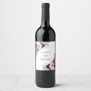 Paars Violet Waterverf Floral Wedding Verloving Wijn Etiket