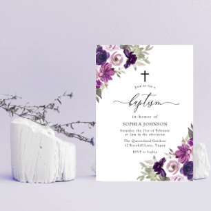 Paars Violet Waterverf Flowers Baptisme Kaart