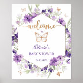 Paars vlinder baby shower - welkomstteken poster (Voorkant)